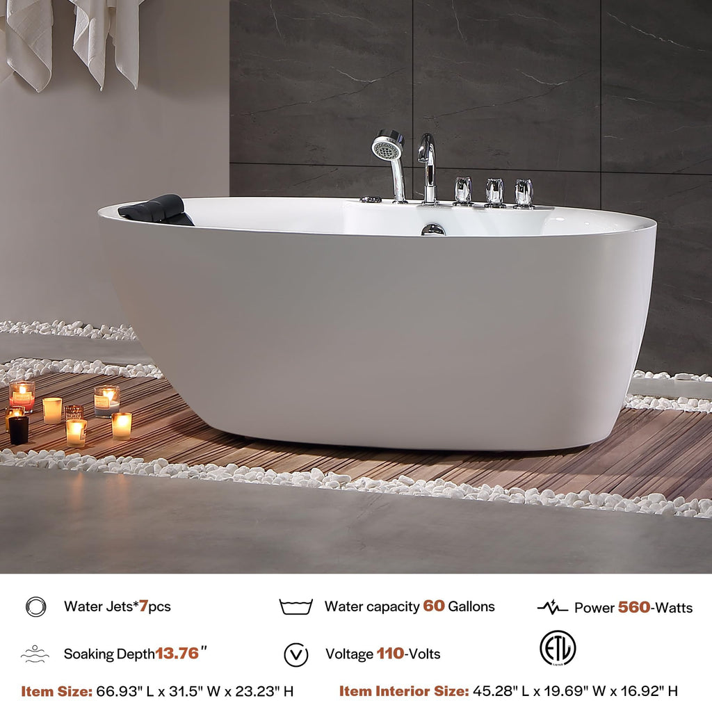 Empava 59" Freestanding Jetted Boat Shaped Whirlpool Bathtub, 8 Jets, ETL