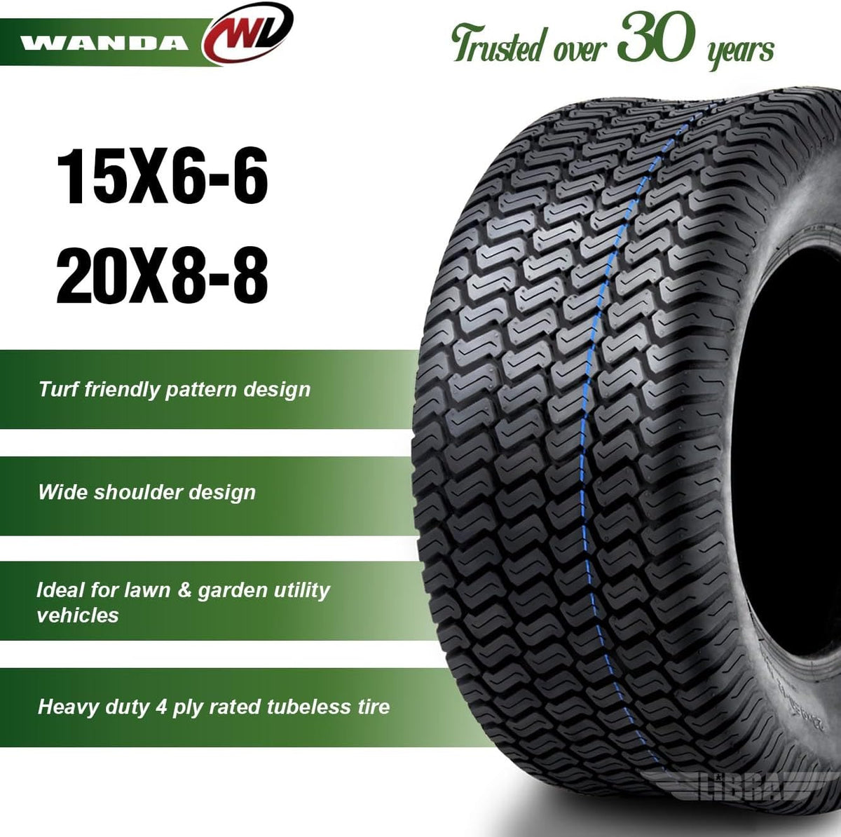 WANDA Set 4 15X6-6 & 20X8-8 Lawn Mower Tractor Turf Tires 4PR-13016/13035