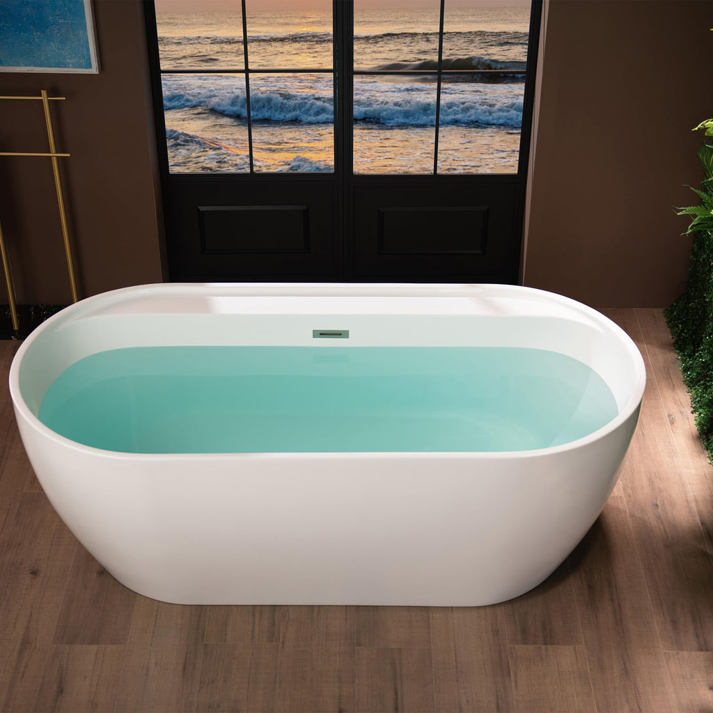 WOODBRIDGE 72" Acrylic Freestanding Bathtub Contemporary Soaking White Tub with Brushed Nickel Overflow and Drain,B0059BN