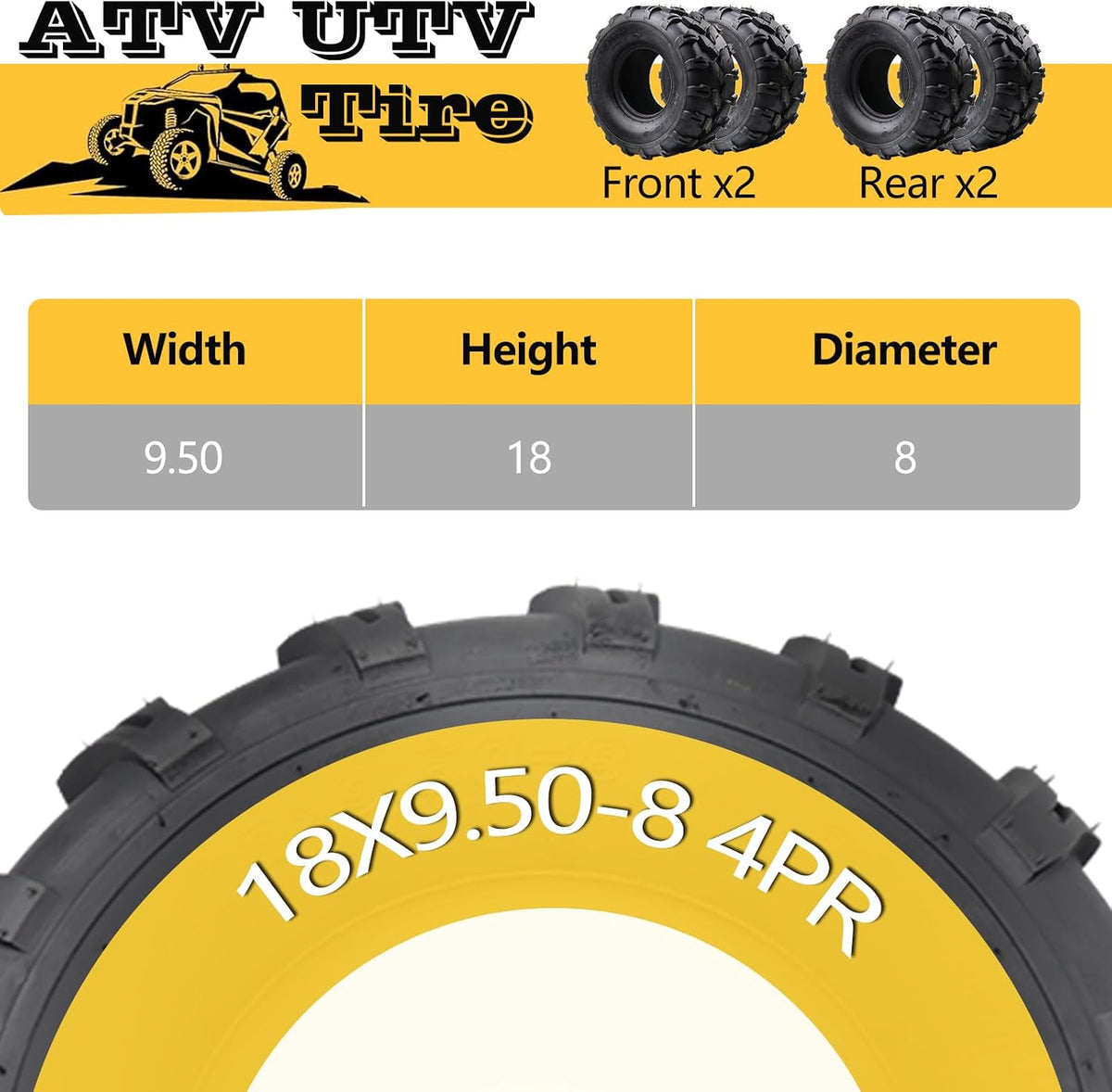 Set of 2-18x9.50-8, 4PR All-Terrain ATV/UTV Tires Tubeless