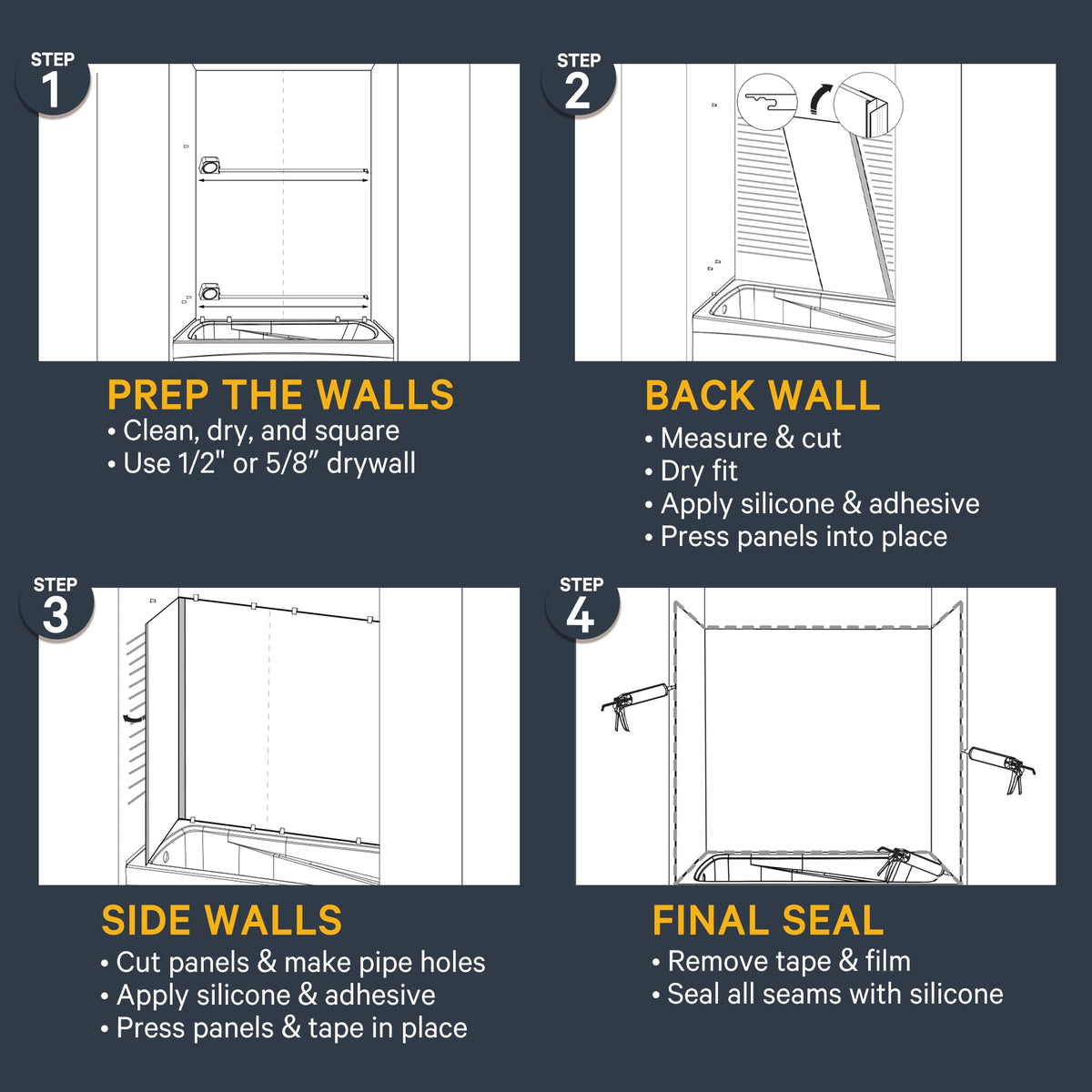 Bathtub Surround Kits - Waterproof Wall Panels - 60''32"60'' - Basalt