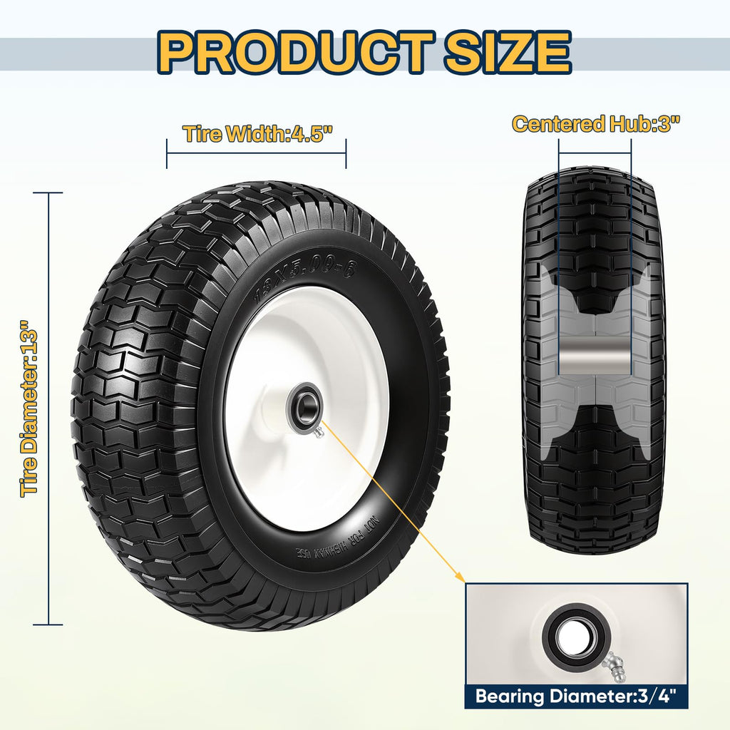 15x6.00-6 Flat Free Lawn Mower Tire and Wheel, 15x6-6 Front Tire Assembly