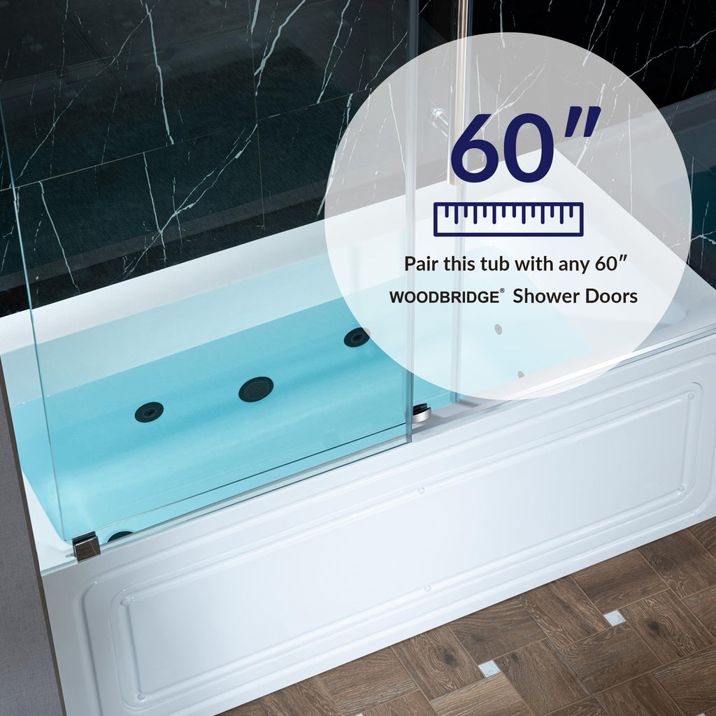 WOODBRIDGE 60" x 32" Alcove Acrylic Rectangular Whirlpool Heated Jetted Tub in White with Left Drain, Matte Black Finish, BS429-L-MB02