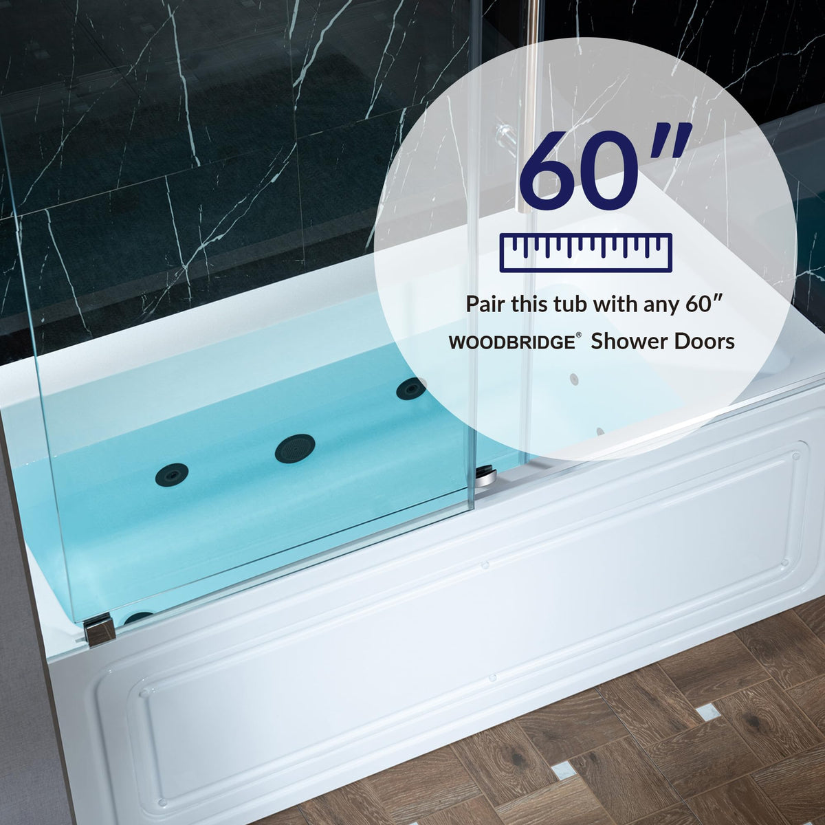 WOODBRIDGE 60" x 32" Alcove Acrylic Rectangular Whirlpool Heated Jetted Tub in White with Left Drain, Matte Black Finish, BS429-L-MB02