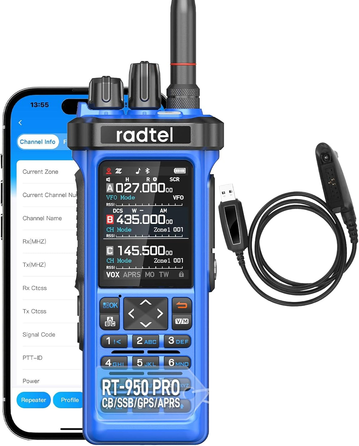 Radtel RT-950 PRO Ham Radio GPS/APRS, 10W Walkie Talkie Long Range Handheld Two Way Radio, SW/MW/LW RX, Bluetooth APP Programming, NOAA, Spectrum Analyzer,Blue(with Programming Cable)