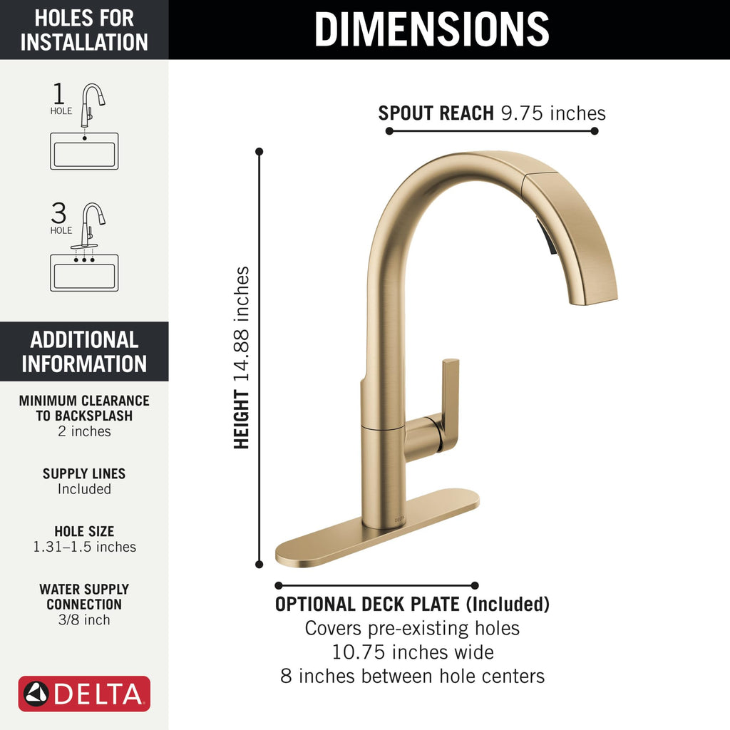 Delta Keele Brushed Nickel Kitchen Faucet with Pull Down Sprayer, Modern Single Hole Kitchen Sink Faucet, Single Handle, Spotshield Stainless 19824LF-SP