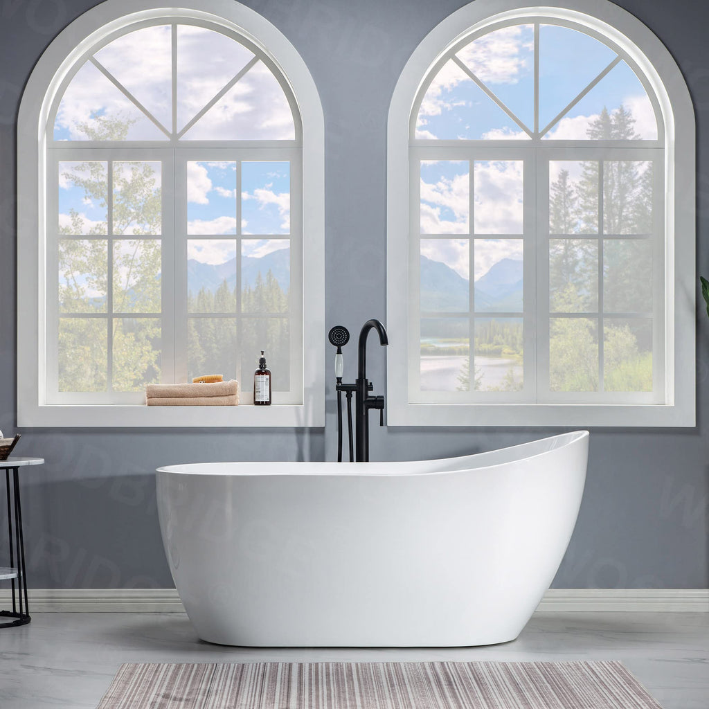 WOODBRIDGE 59" Acrylic Freestanding Bathtub Contemporary Soaking White Tub with Brushed Nickel Overflow and Drainï¼B-1530 -B/N-Drain &O