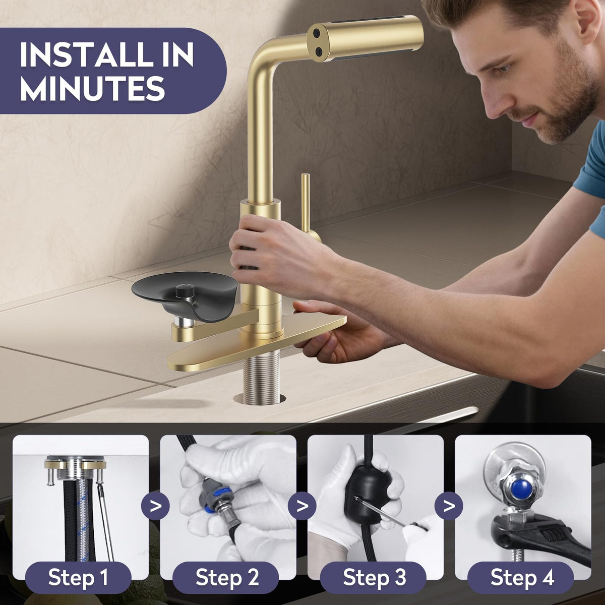 HOWUWEY Black Kitchen Faucet with Pull Down Sprayer & Cup Washer