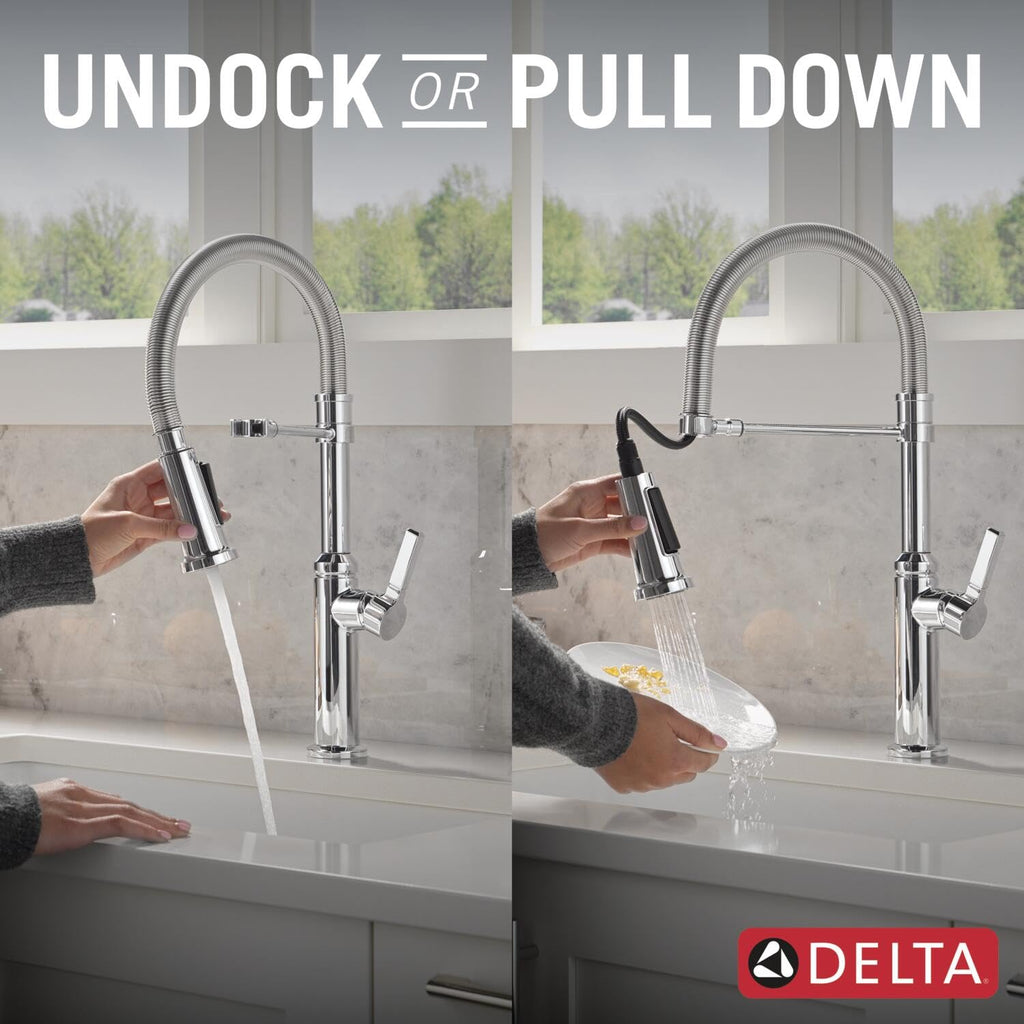 Delta Faucet Rhett Pro Commercial Style Kitchen Faucet with Pull Down Sprayer, Gold Commercial Kitchen Faucet, Spring Kitchen Faucet, Delta Kitchen Sink Faucet, Champagne Bronze 18829-CZ-DST