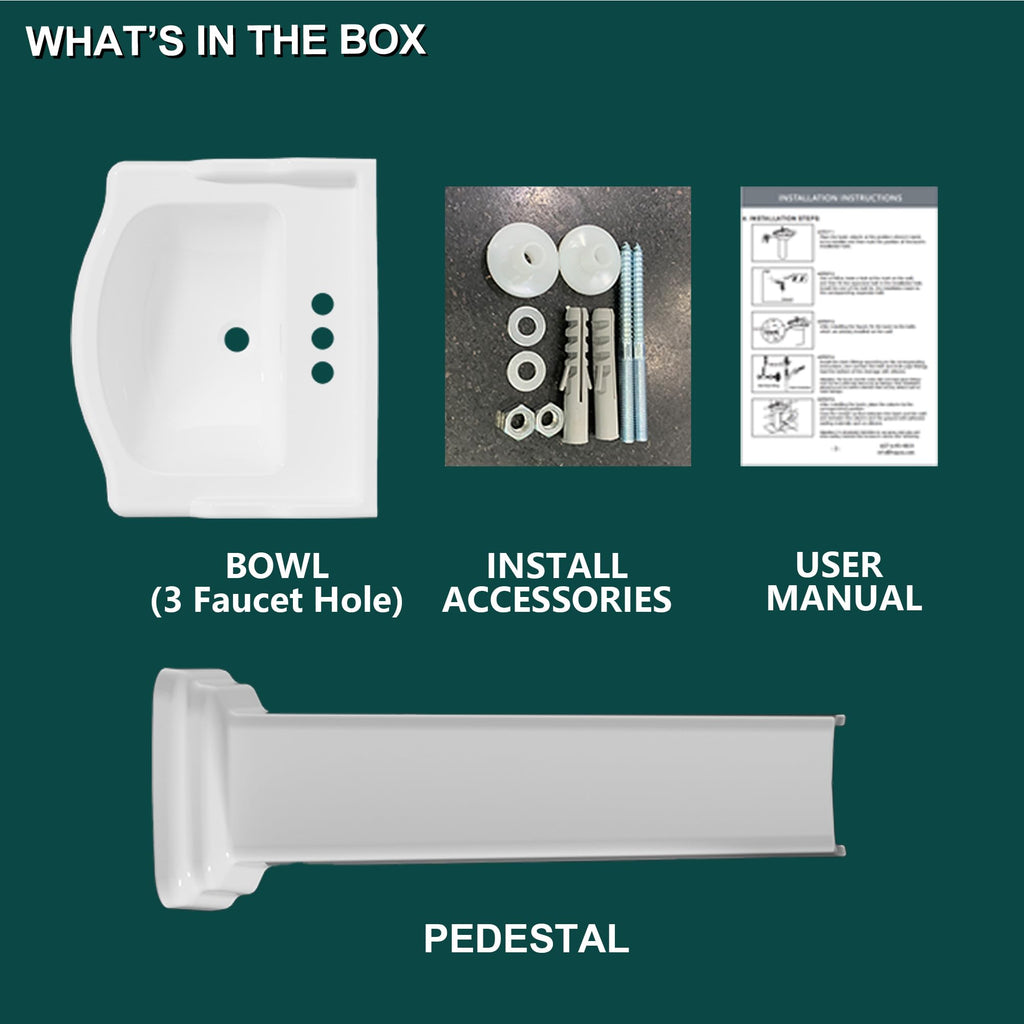 Miuara Freestanding 23 x19 Inch White Pedestal Sink 3 Hole for Bathroom