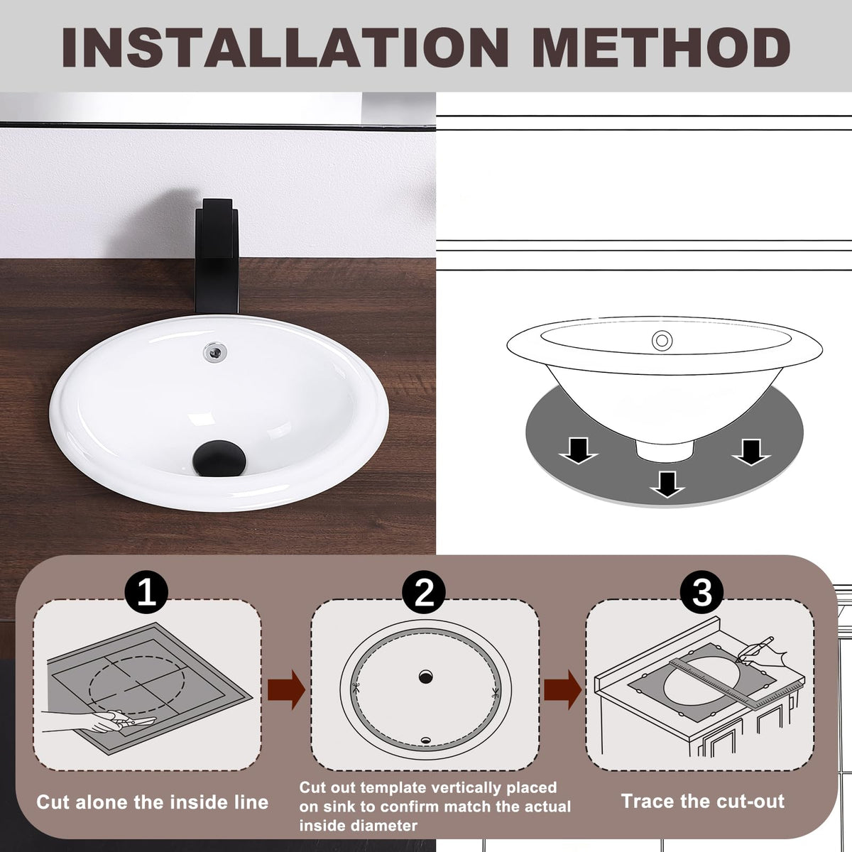 19 Inch Drop In Bathroom Vessel Sink with Overflow Rectangle White