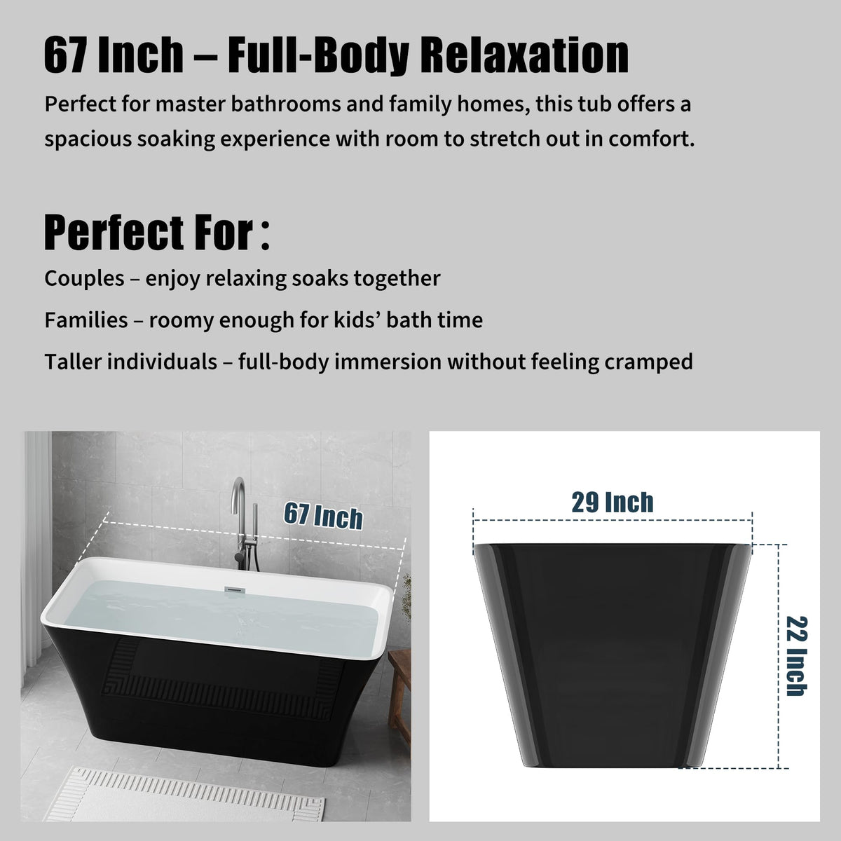 Freestanding Bathtub 59 inch Acrylic Free Standing Tub 59 Inch, Free Standing Tub with Chrome Drain & Overflow, Ergonomic Stand Alone Tub for Small Bathroom or Home Spa
