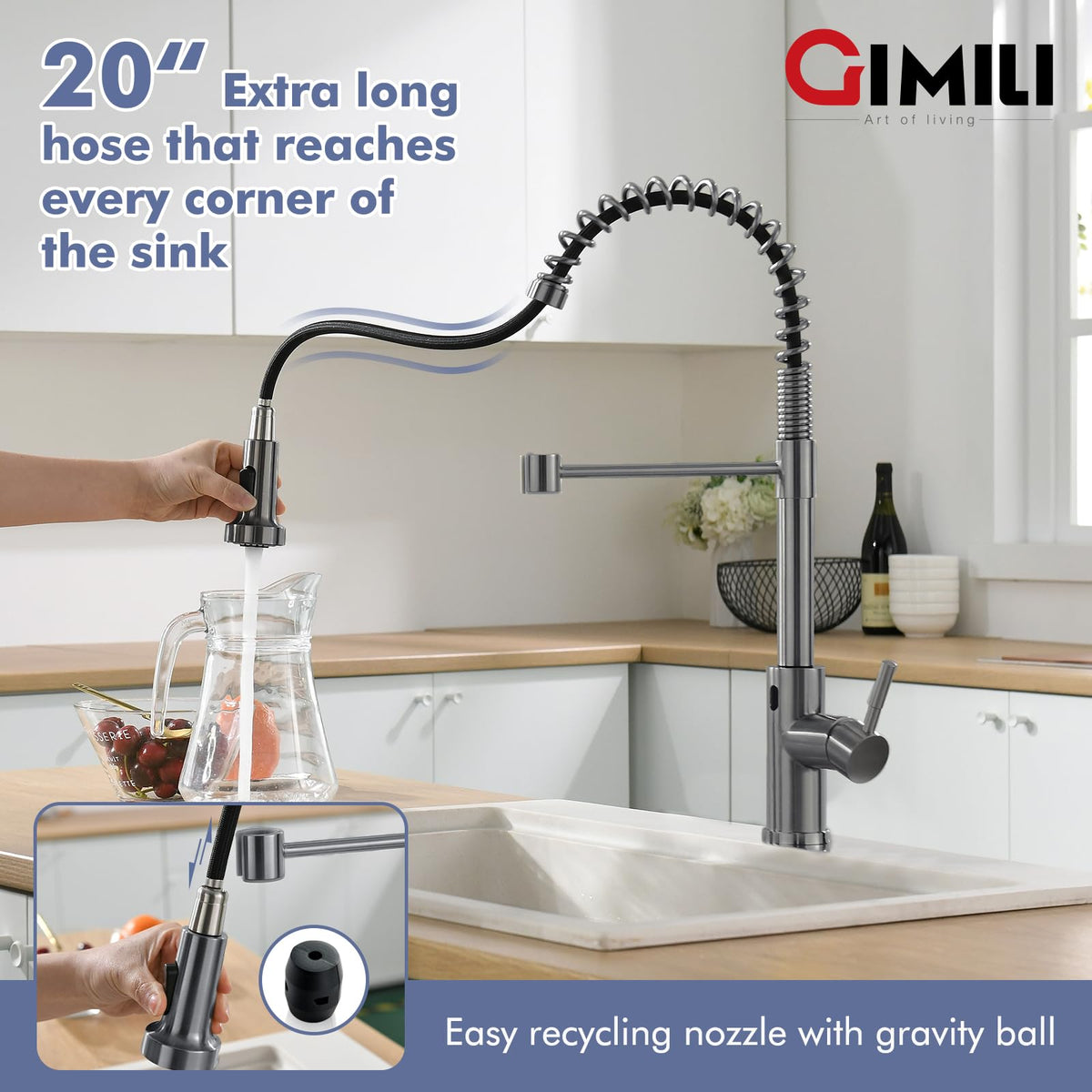 GIMILI Matte Black Touchless Kitchen Faucet with Spring Pull Down Sprayer