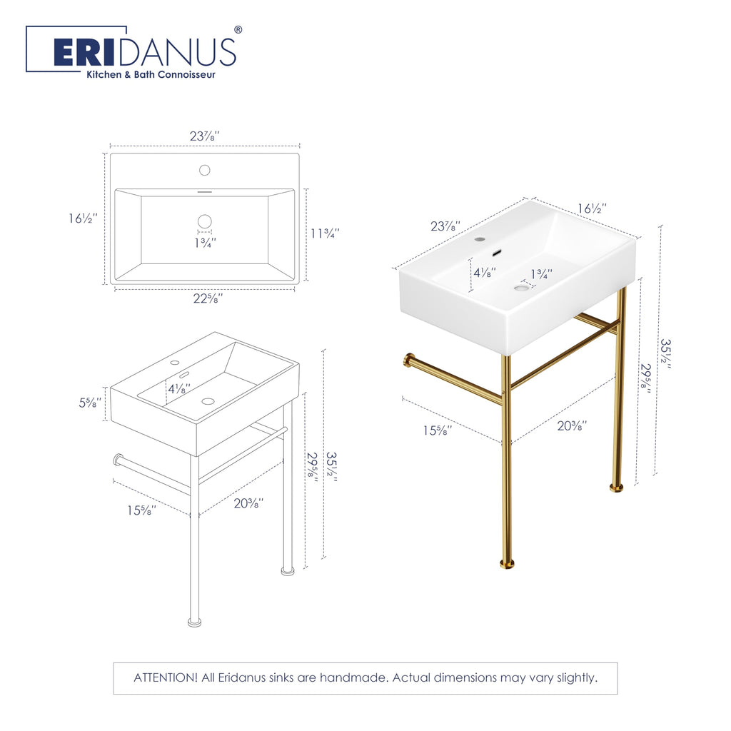 Eridanus 24"x16" Console Bathroom Sink, Free Standing 30 Inch Stainless Steel Support Pedestal Legs, Wall Mount White Vessel Ceramic Vanity Basin, Modern Rectangular Sinks Porcelain, Matte Black