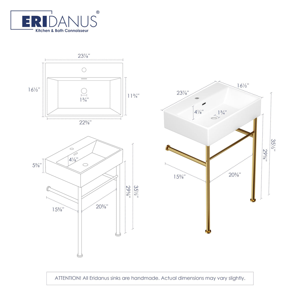 Eridanus 24"x16" Console Bathroom Sink, Free Standing 30 Inch Stainless Steel Support Pedestal Legs, Wall Mount White Vessel Ceramic Vanity Basin, Modern Rectangular Sinks Porcelain, Matte Black