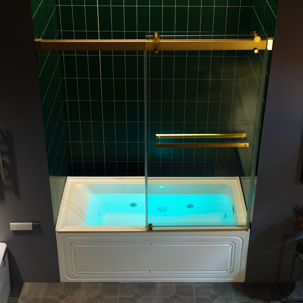 Woodbridge 56-60" W x 62" H Frameless Bathtub Shower Door,Double Sliding Soft-Close Doors,3/8(10mm) Tempered Glass with Explosion Proof Film in Brushed Bronze Finish