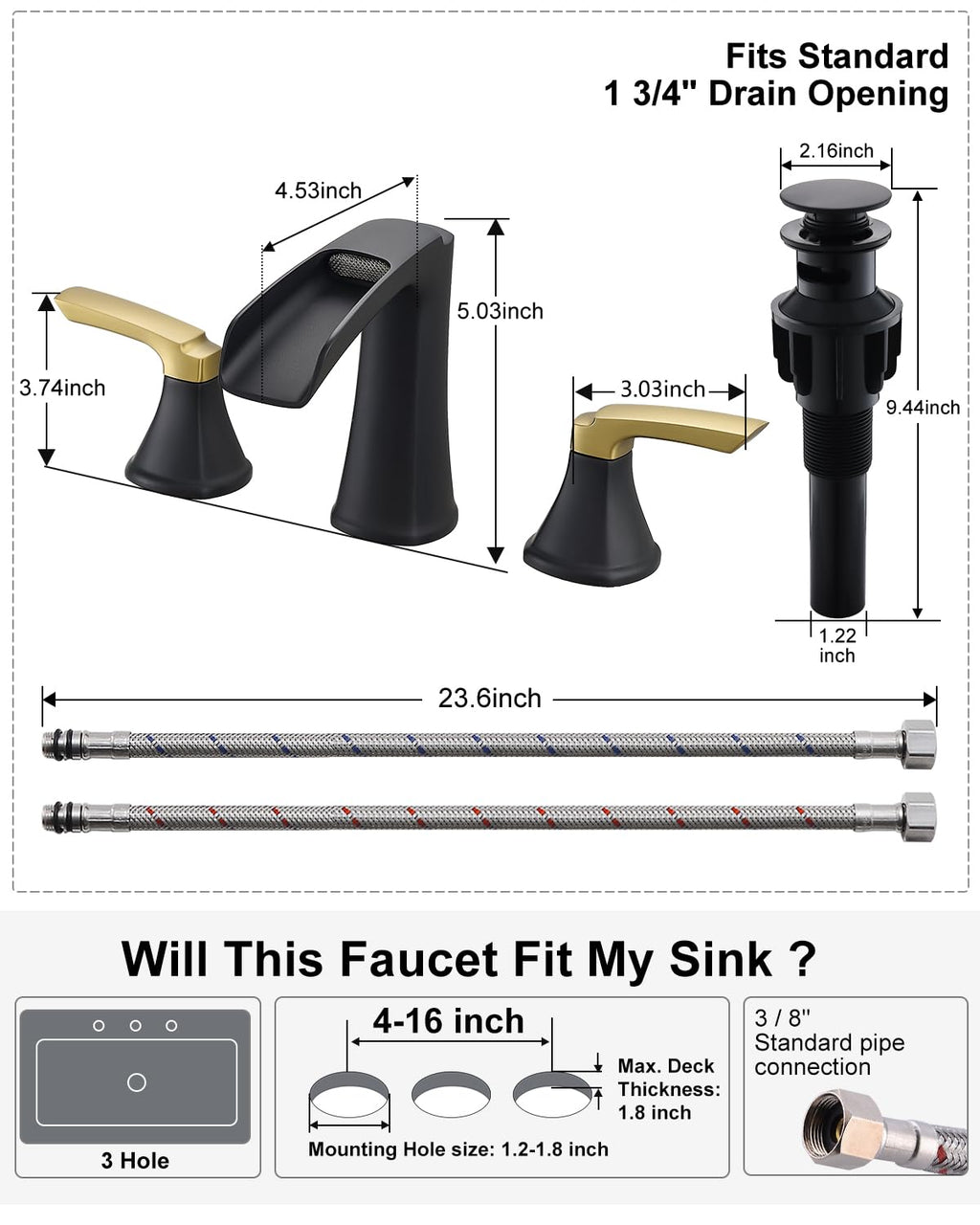 Fapully Brushed Nickel Bathroom Faucet 3 Hole, Waterfall 8 Inch Widespread Bathroom Sink Faucet with Pop-up Drain, Two-Handle Faucet for Bathroom Sink