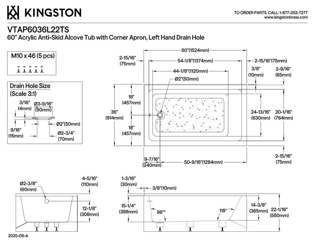 Kingston VTAP6030L22TS 2-Wall Corner Alcove Tub, Glossy White