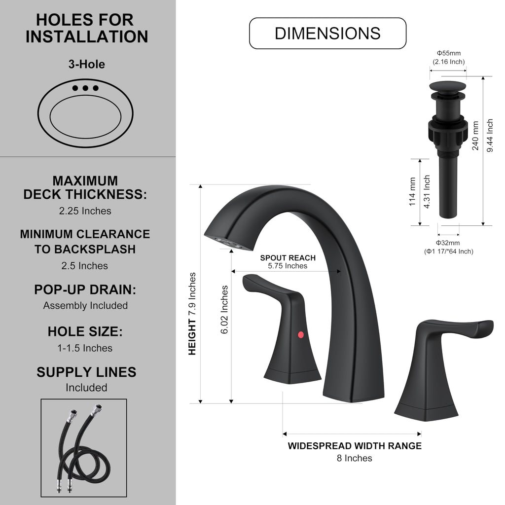 KENES Bathroom Faucets for Sink 3 Hole, Chrome 8 Inch 2 Handle Widespread