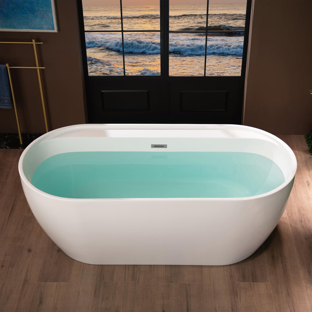 WOODBRIDGE 72" Acrylic Freestanding Bathtub Contemporary Soaking White Tub with Brushed Nickel Overflow and Drain,B0059BN