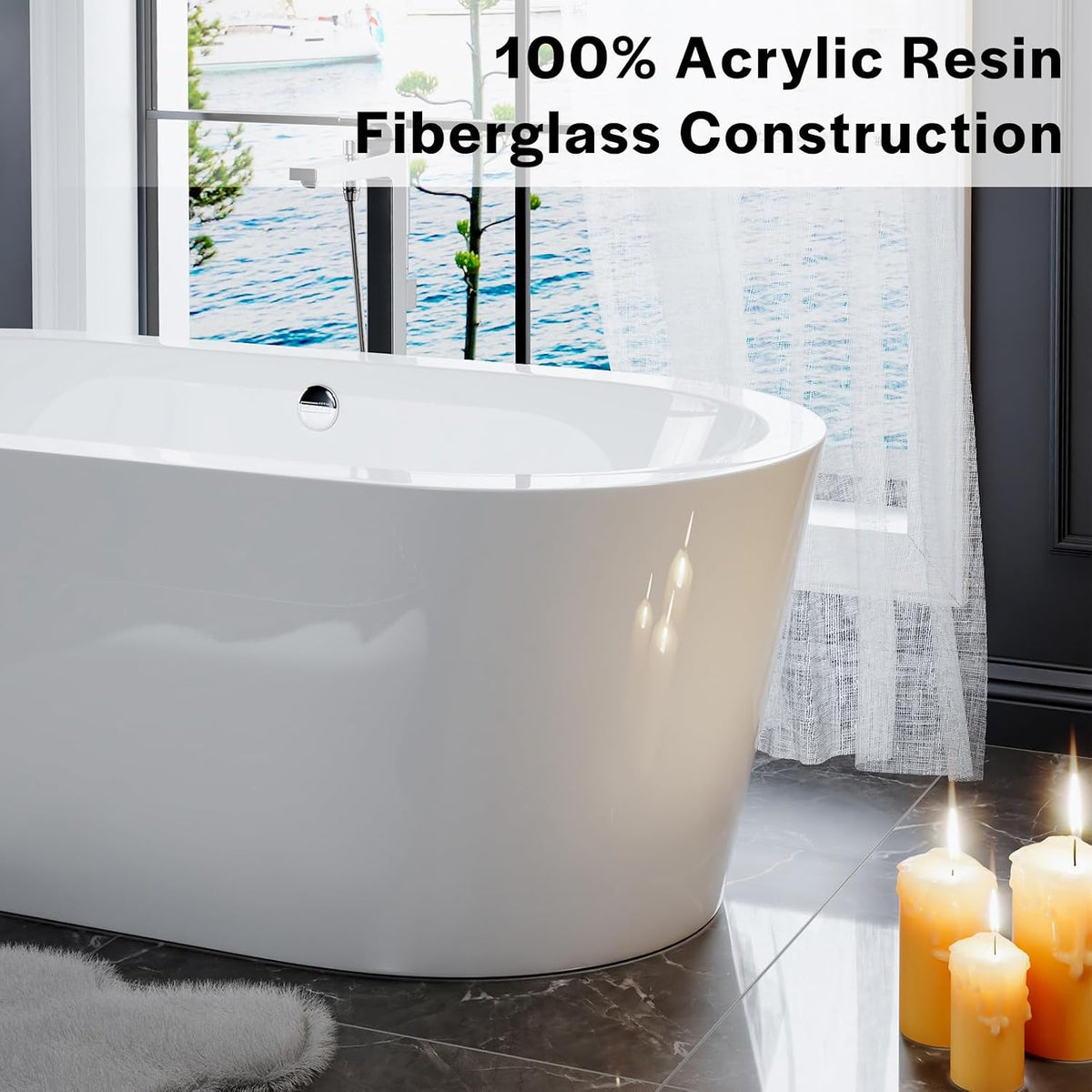 Empava Bathtub, 59" Soaking Tub with Center Drain and Overflow