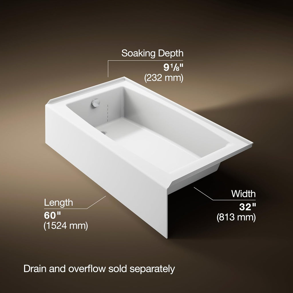 Kohler K-26108-LA-0 Entity 60" x 32" Alcove Bath, Left Drain Location, White (Drain Not Included)