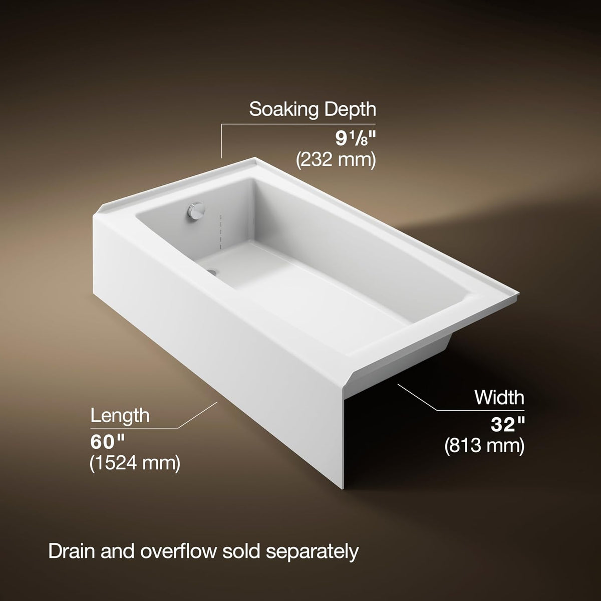 Kohler K-26108-LA-0 Entity 60" x 32" Alcove Bath, Left Drain Location, White (Drain Not Included)