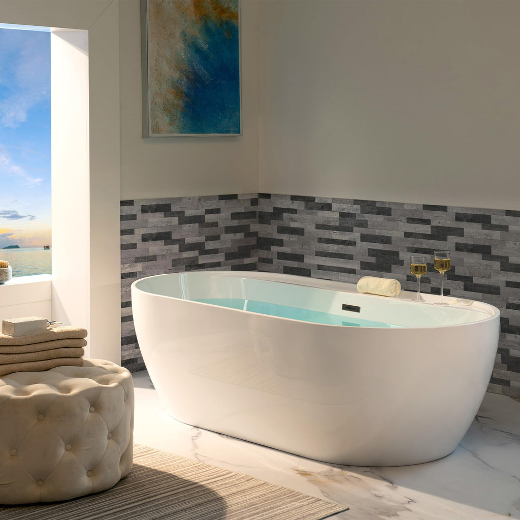 WOODBRIDGE 72" Acrylic Freestanding Bathtub Contemporary Soaking White Tub with Brushed Nickel Overflow and Drain,B0059BN