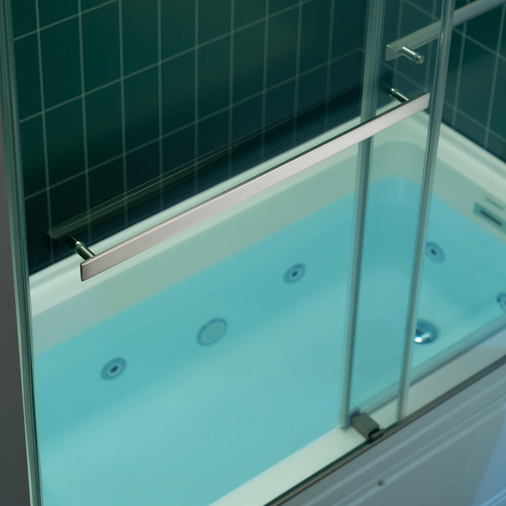 Woodbridge 56-60" W x 62" H Frameless Bathtub Shower Door,Double Sliding Soft-Close Doors,3/8(10mm) Tempered Glass with Explosion Proof Film in Brushed Bronze Finish