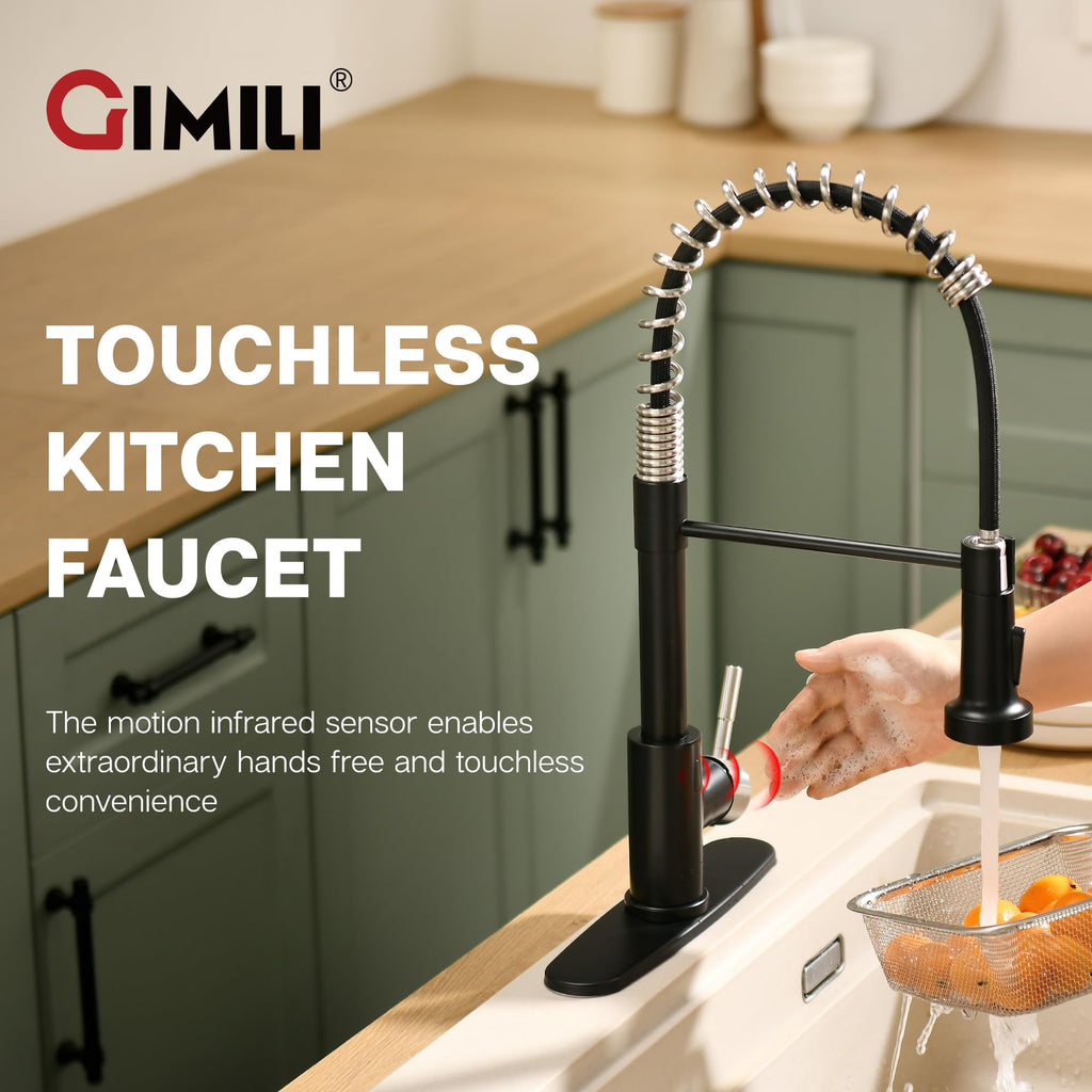 GIMILI Matte Black Touchless Kitchen Faucet with Spring Pull Down Sprayer