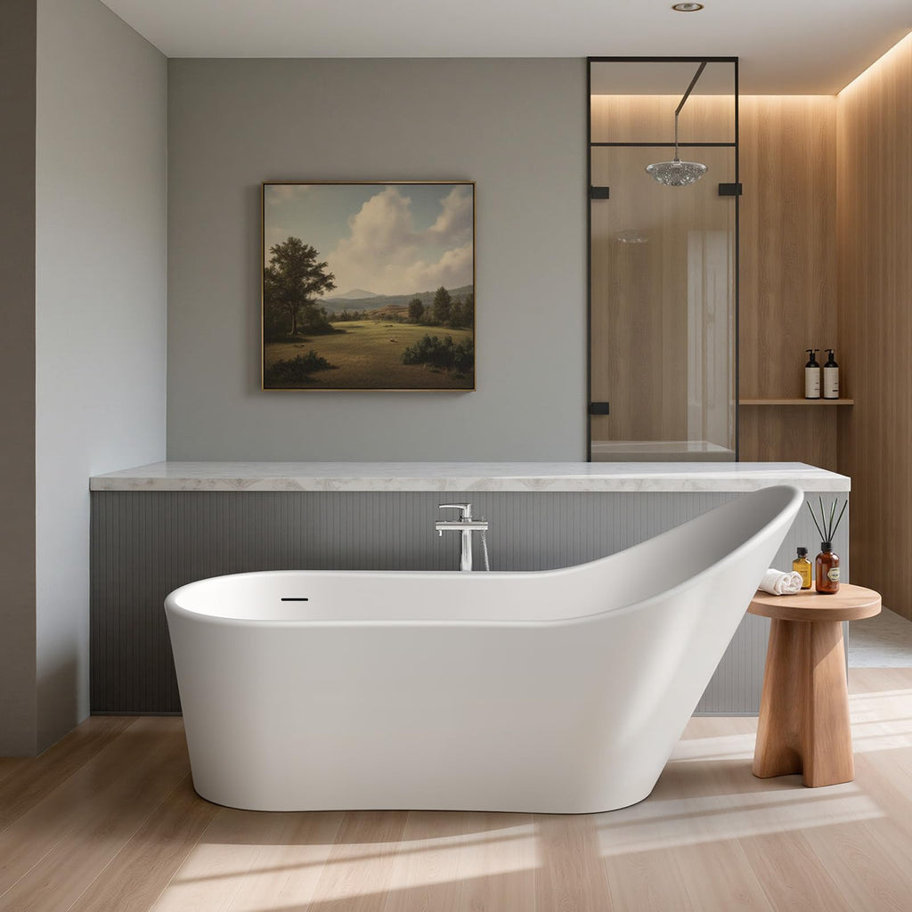 61''Stone Resin Freestanding Bathtub,Solid Surface Soaking Tub with Deep Bath Design, Modern Oval Free Standing Tub with Integrated Drain & Hidden Overflow, Starry Gray