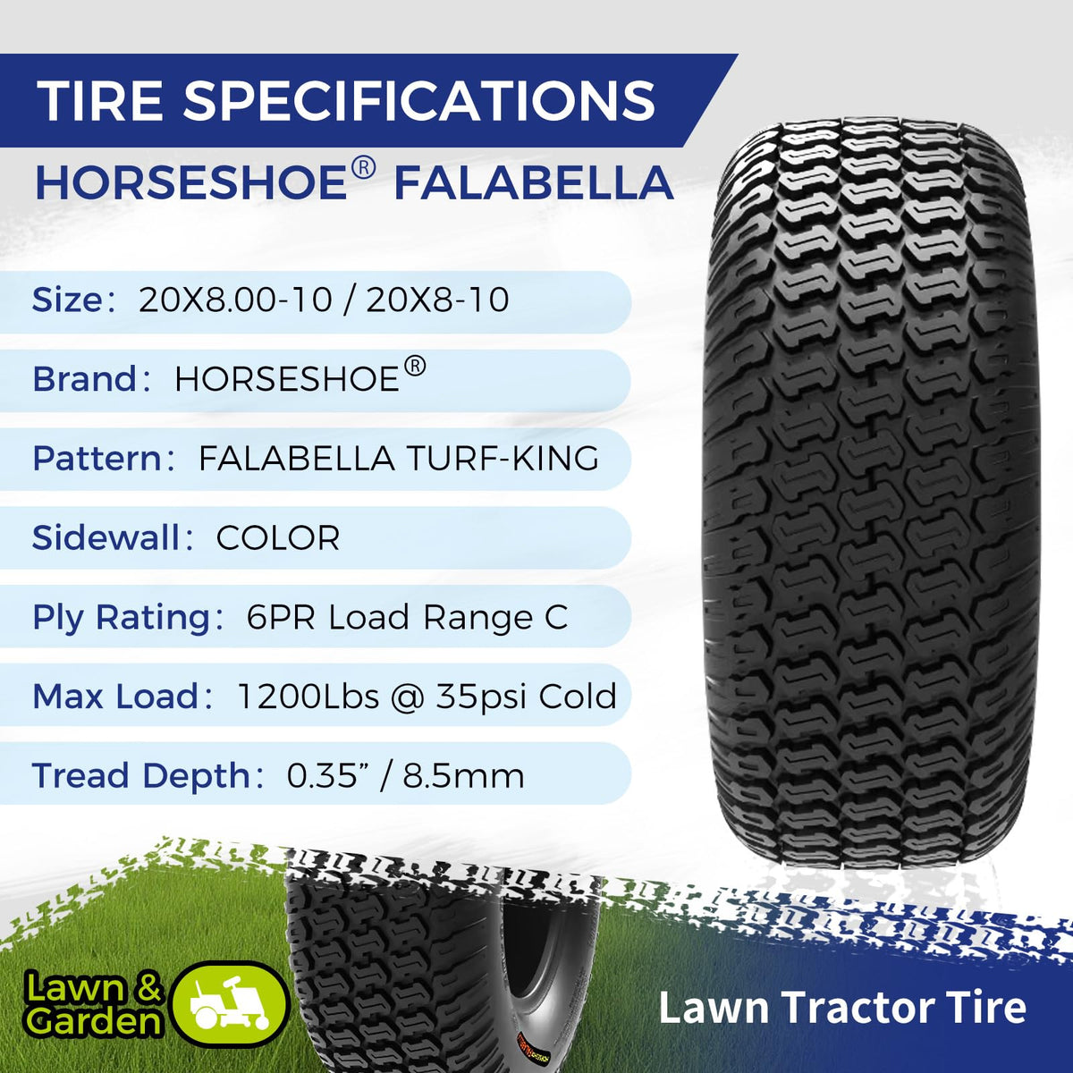 HORSESHOE FALABELLA (2-Pcs) 24X9.50-12 6-PLY LRC Lawn Mower 24x9.5x12 Riding Machine Golf Carts 24x9.5-12 Turf Equipment & Tractors Tires, Heavy Duty Turf-King, Color Sidewall