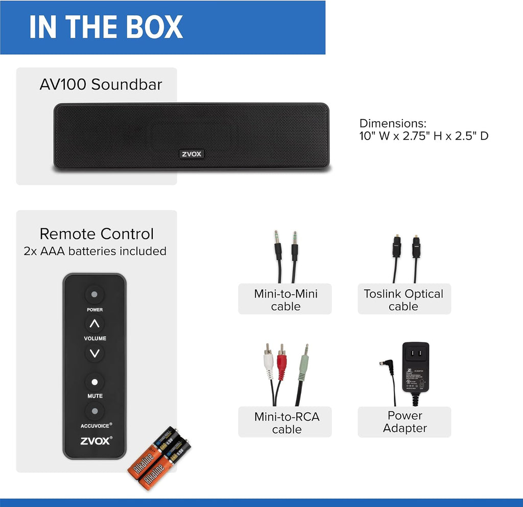 ZVOX AccuVoice AV100 Dialogue Clarifying Soundbar- 6 Levels of Voice Boost