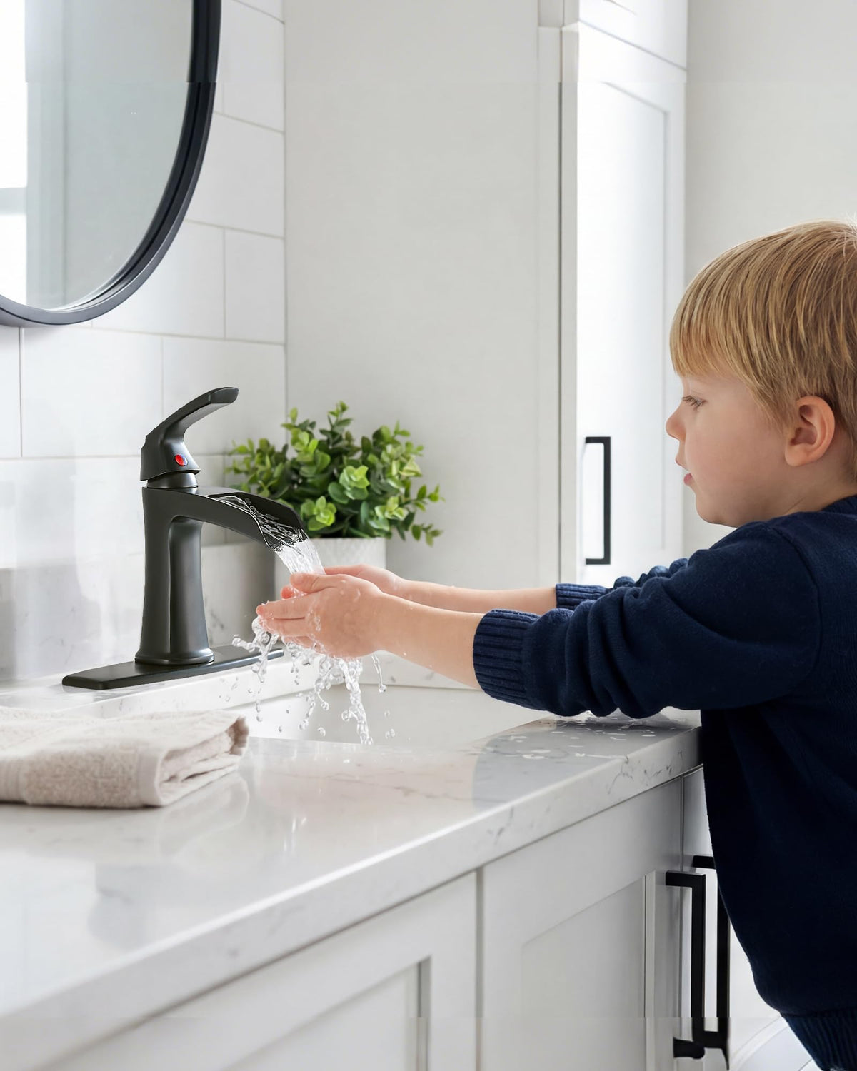 Fapully Brushed Nickel Bathroom Faucet 3 Hole, Waterfall 8 Inch Widespread Bathroom Sink Faucet with Pop-up Drain, Two-Handle Faucet for Bathroom Sink