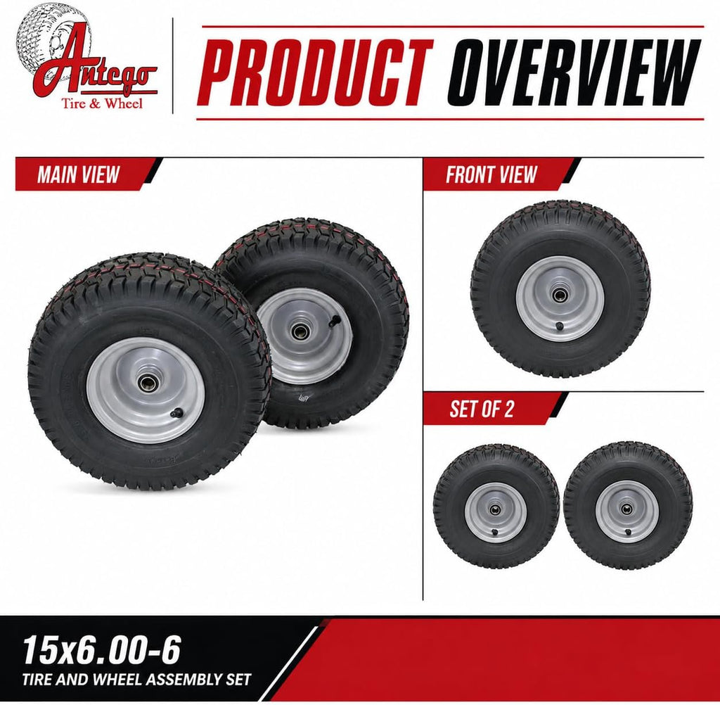 Antego 15x6.00-6 Tire & Wheel for Husqvarna/Poulan, 532106732, Set of 2