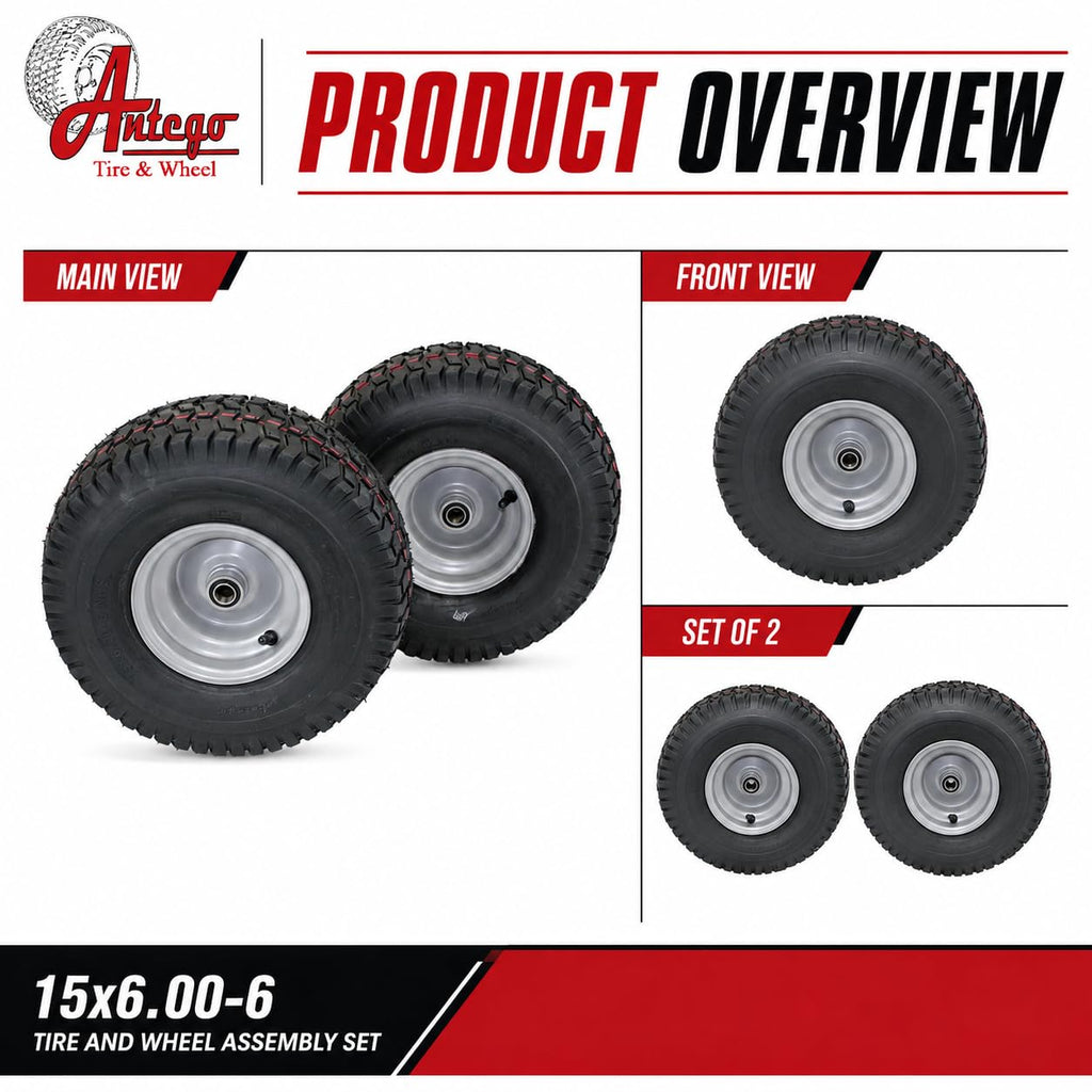 Antego 15x6.00-6 Tire & Wheel for Husqvarna/Poulan, 532106732, Set of 2
