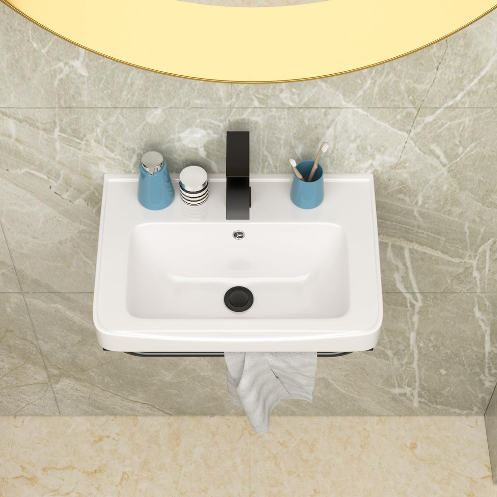 Lordear Wall Mount Bathroom Sink 21x12 Inch White Rectangle Sink with Overflow Porcelain Ceramic Floating Bathroom Vessel Sinks, Wall Hung Wash Hand Basin