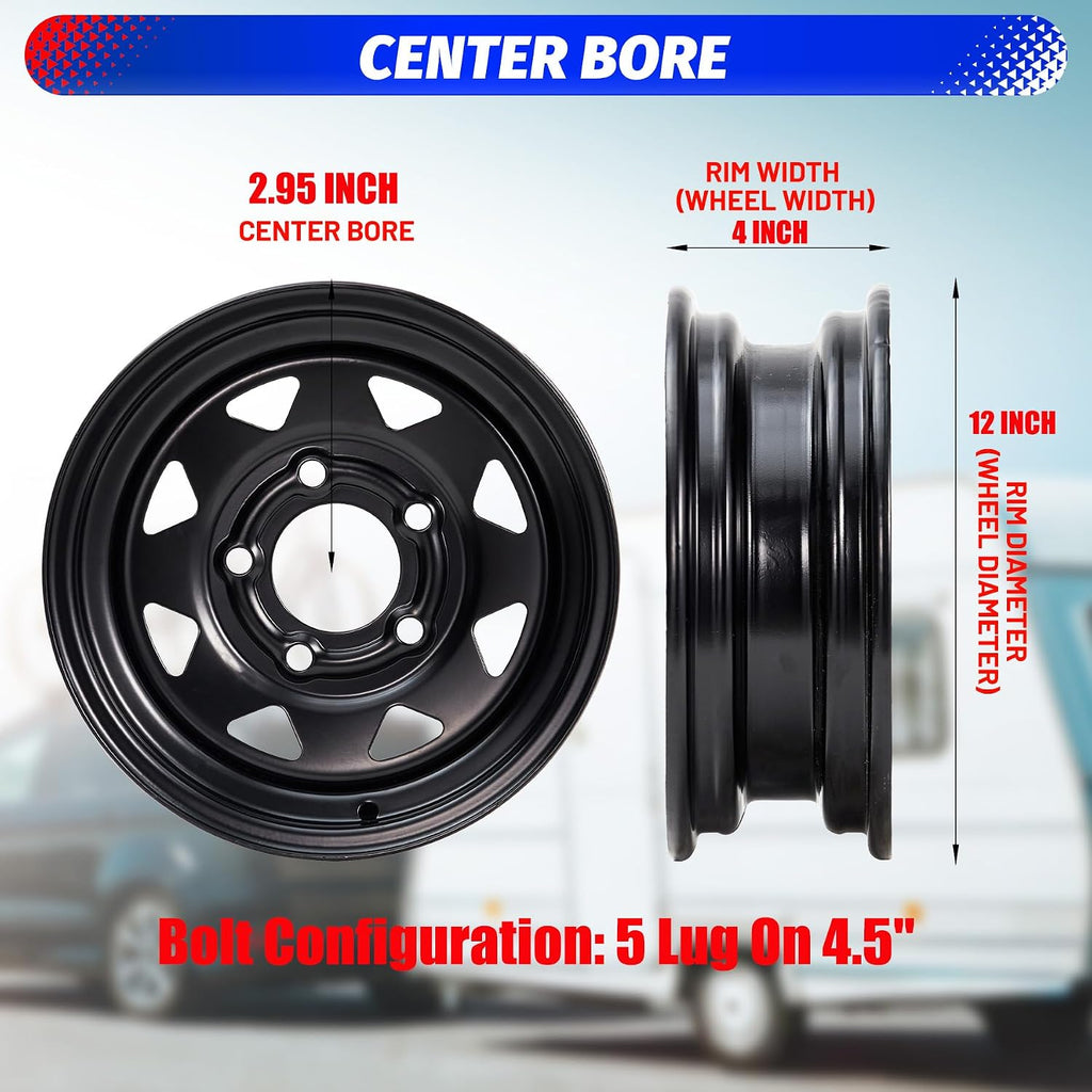 4.80-12 4.80x12 480-12 4.80-12 Trailer Tires with 12 in Rims, 5 Lug on 4.5 in, Load Range C, 6PR, Black
