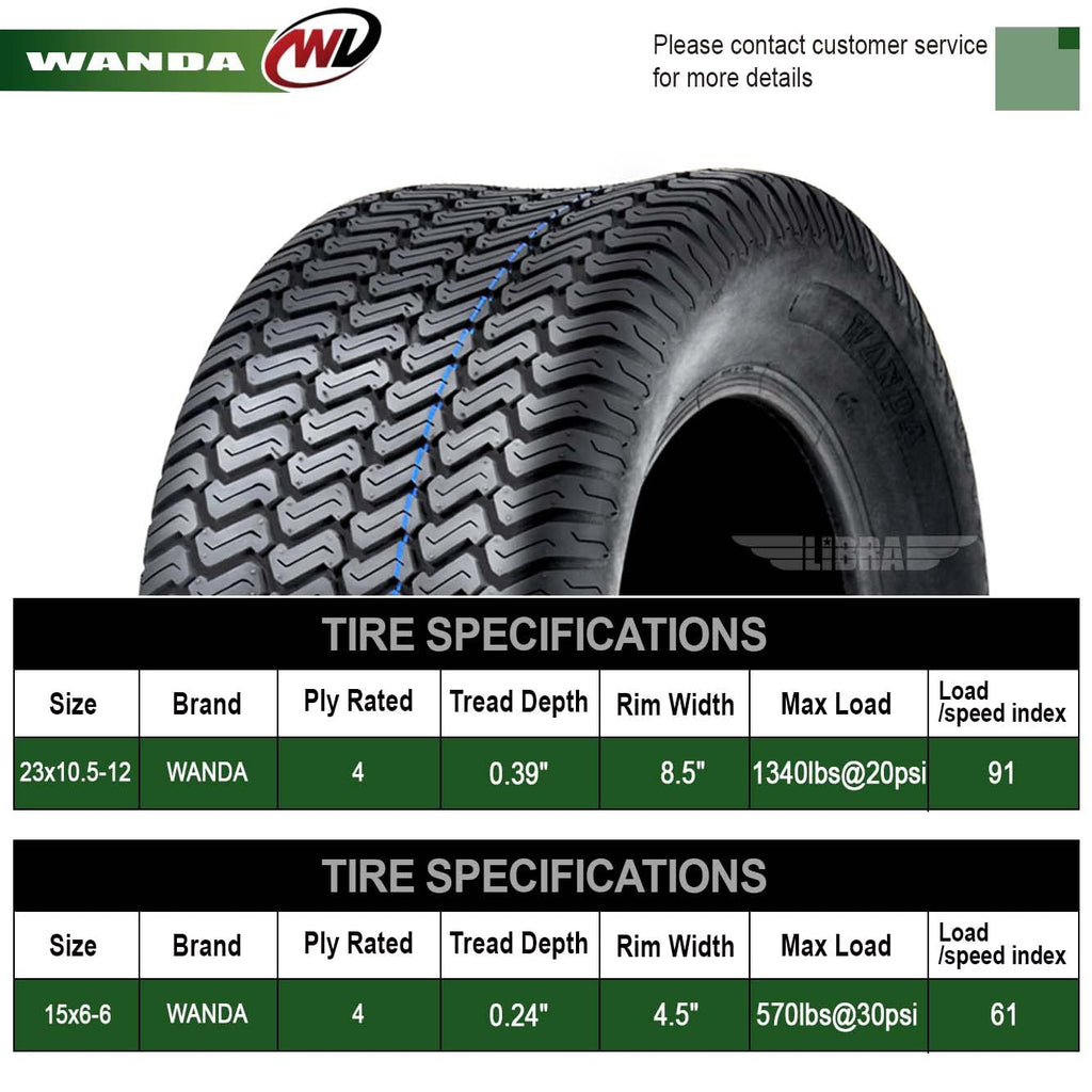 WANDA 4PC Lawn Mower Turf Tires 15x6-6 Front & 20x10-8 Rear 4PR-13016/13040