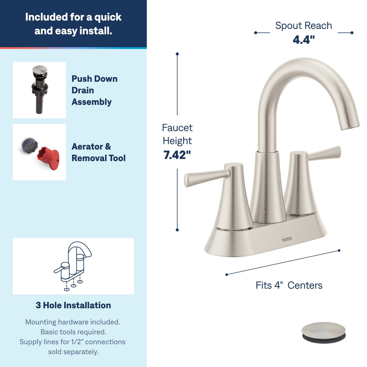 Moen 84022BL Ronan 2-Handle Centerset Bath Faucet w/Drain, Matte Black