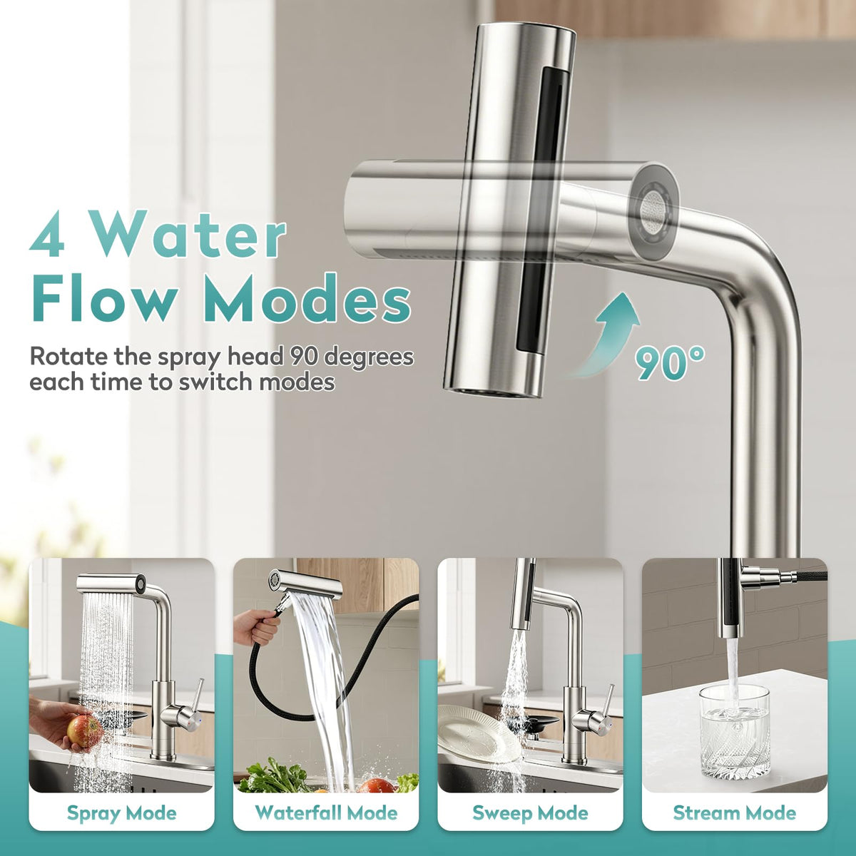 MIAOHUI Brushed Gold Kitchen Faucet with Glass Rinser, 4 Modes