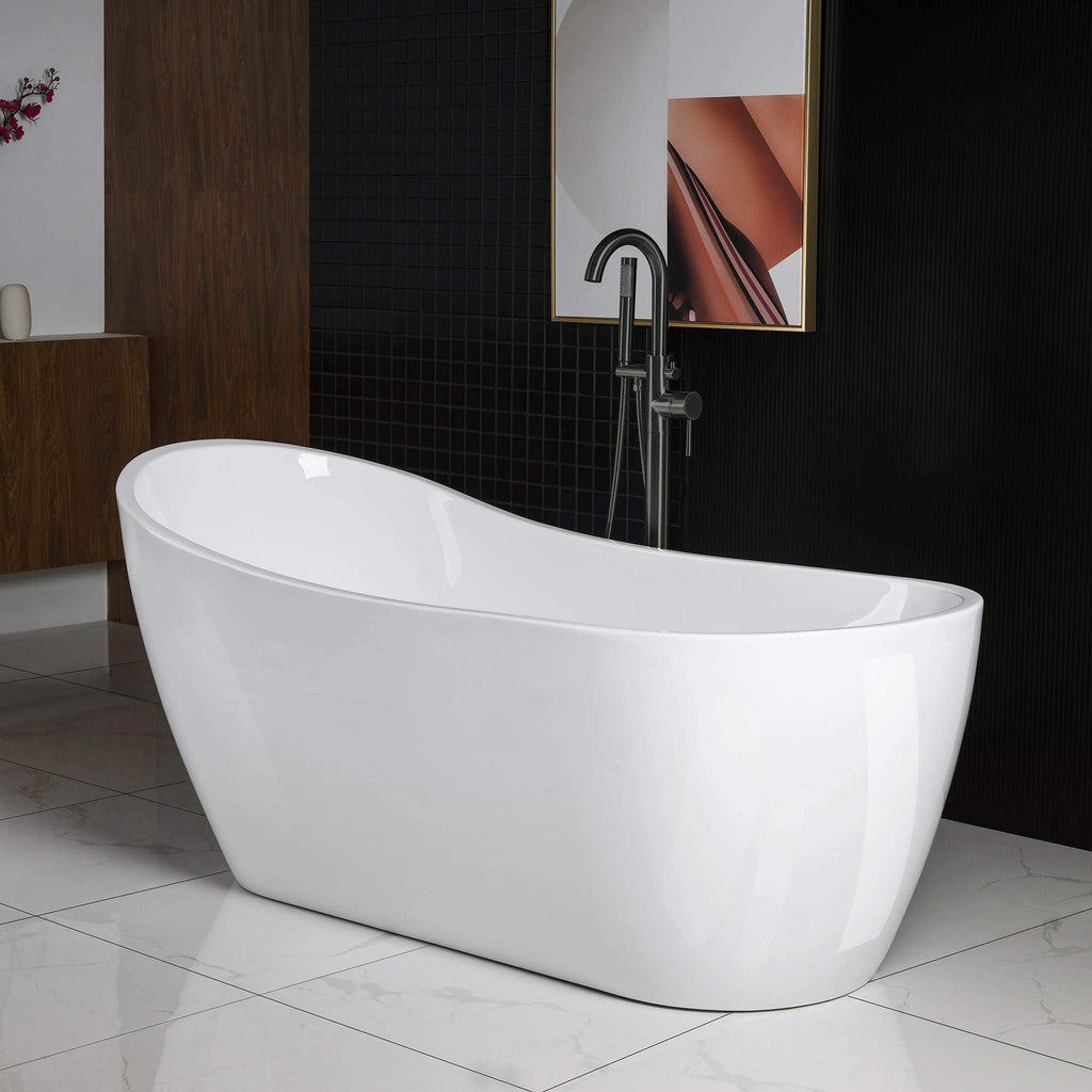WOODBRIDGE 54"Freestanding White Acylic Soaking Bathtub with Brushed Nickel Drain and Overflow,BTA1507 -B/N-Drain &O