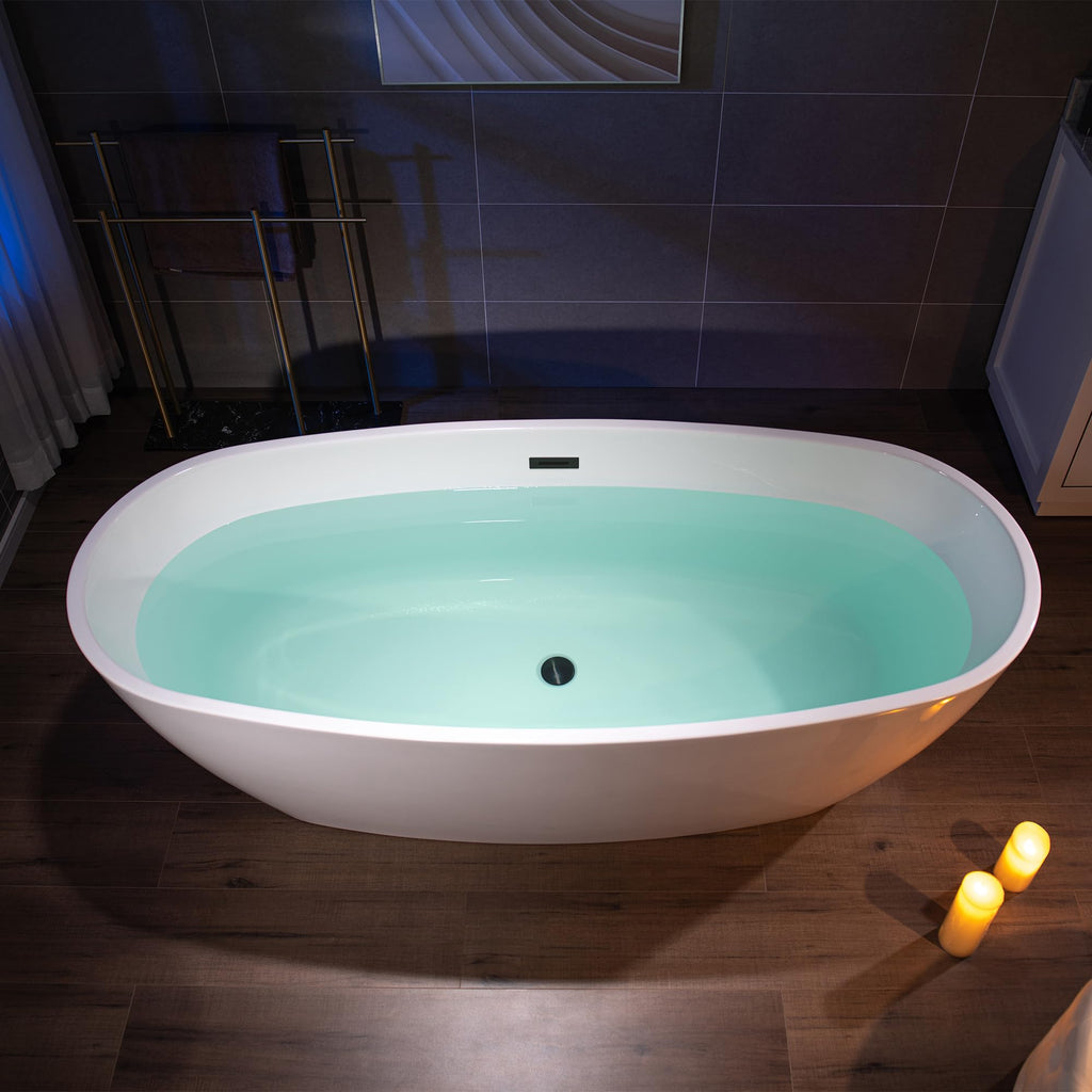 WOODBRIDGE 59"Freestanding White Acylic Soaking Bathtub with Brushed Nickel Drain and Overflow,BTA1518 -B/N-Drain &O