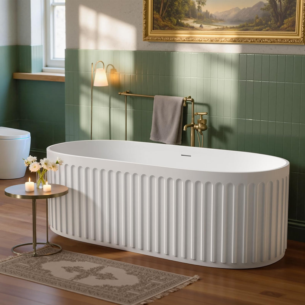 61''Stone Resin Freestanding Bathtub,Solid Surface Soaking Tub with Deep Bath Design, Modern Oval Free Standing Tub with Integrated Drain & Hidden Overflow, Starry Gray