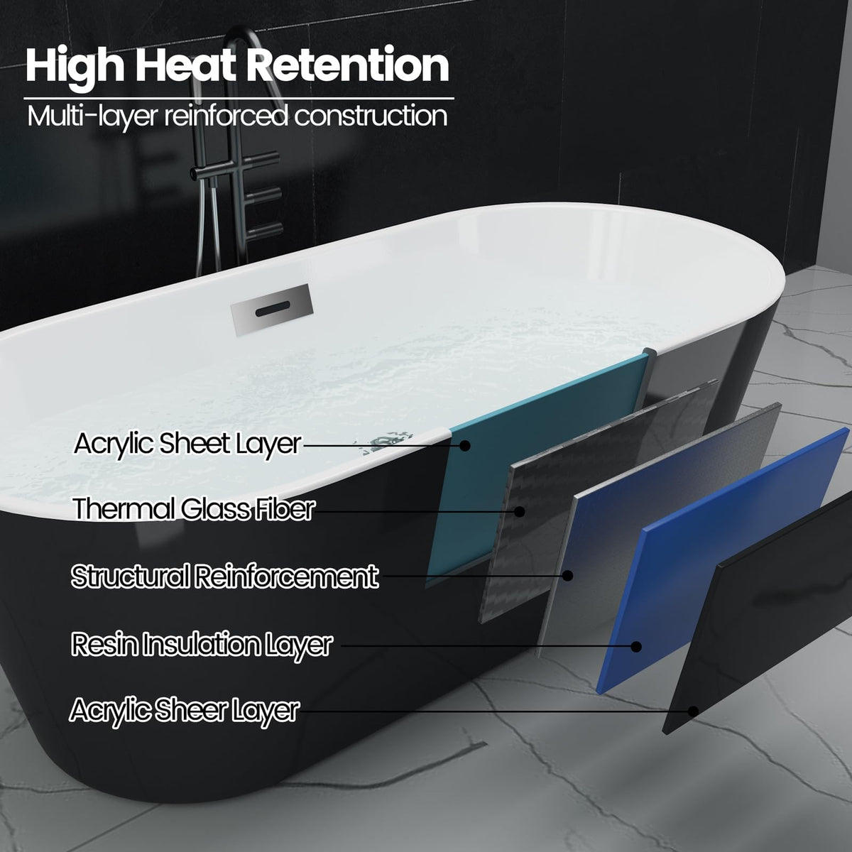 Freestanding Bathtub 59 inch Acrylic Free Standing Tub 59 Inch, Free Standing Tub with Chrome Drain & Overflow, Ergonomic Stand Alone Tub for Small Bathroom or Home Spa