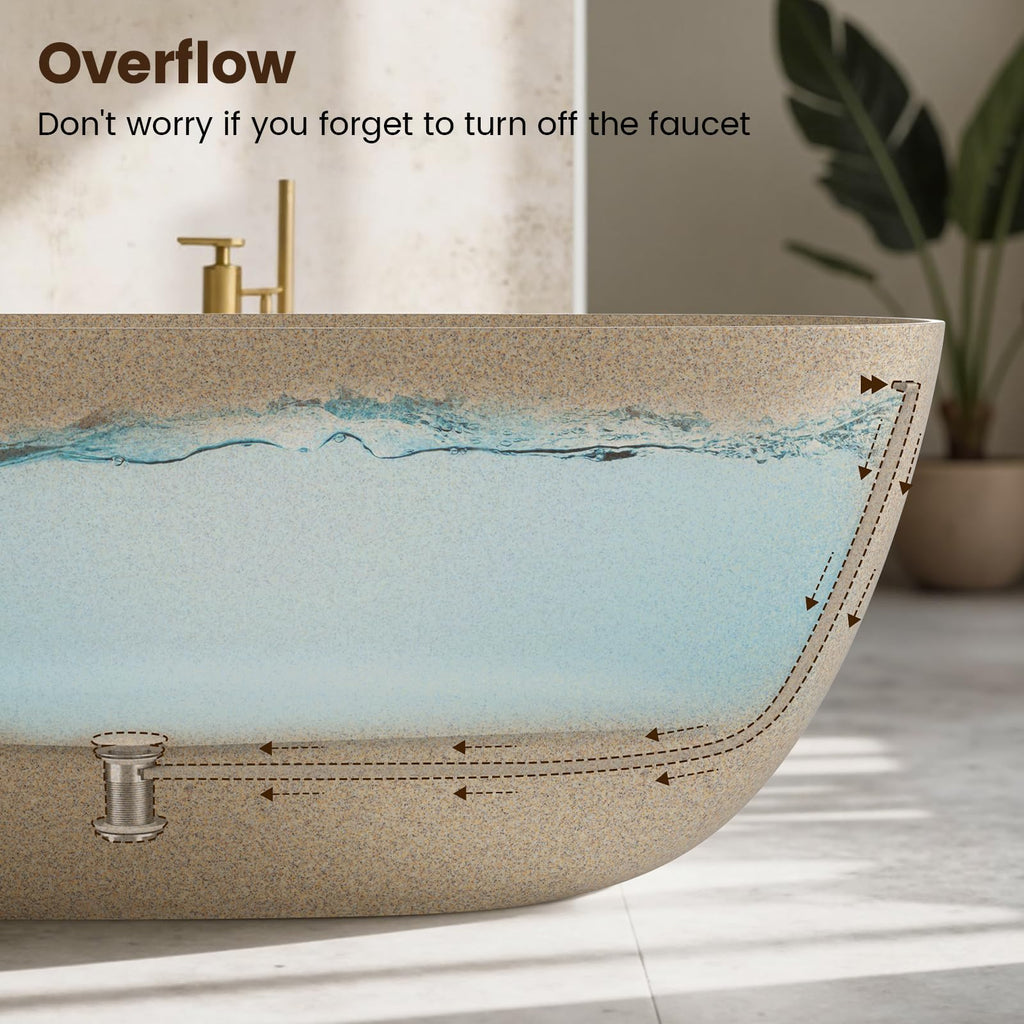 61''Stone Resin Freestanding Bathtub,Solid Surface Soaking Tub with Deep Bath Design, Modern Oval Free Standing Tub with Integrated Drain & Hidden Overflow, Starry Gray
