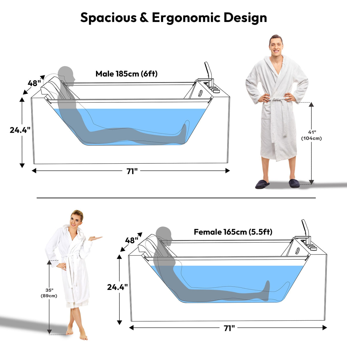 Empava PRO Series 71"x51" Jetted Bathtub, Alcove Spa Tub
