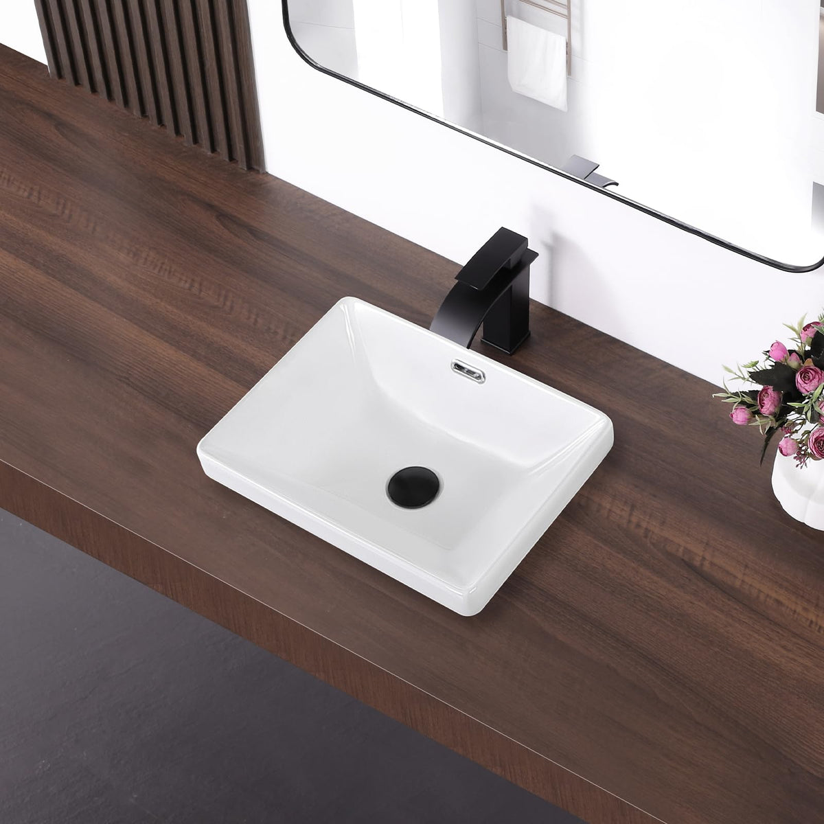 19 Inch Drop In Bathroom Vessel Sink with Overflow Rectangle White