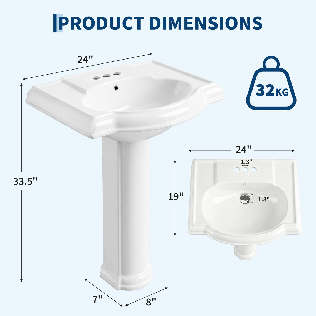 Garvee White Ceramic Pedestal Bathroom Sink, Single Hole Freestanding Basin