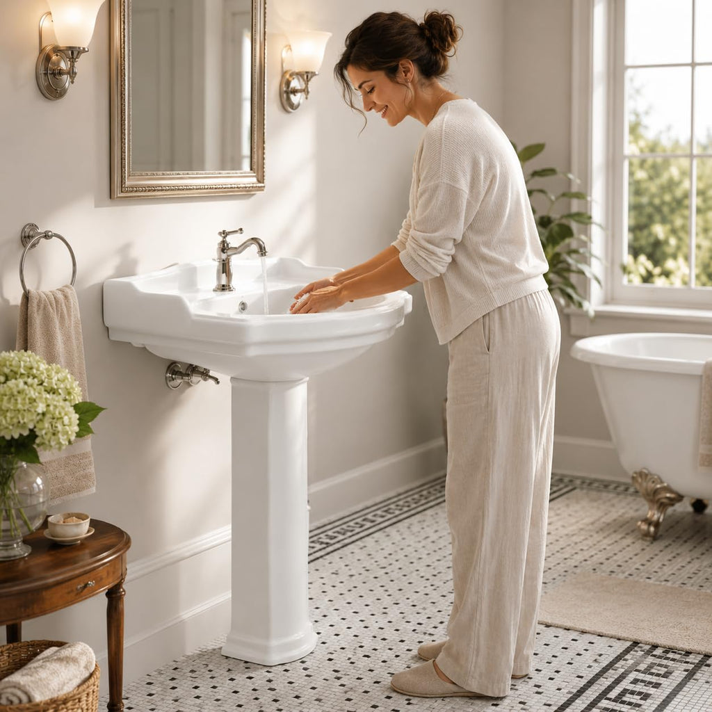 Garvee White Ceramic Pedestal Bathroom Sink, Single Hole Freestanding Basin